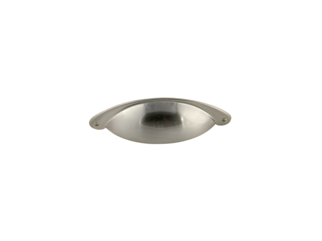 SATIN NICKEL    Traditional Cup Pull    Overall Length: 5"    Center to Center: 3"